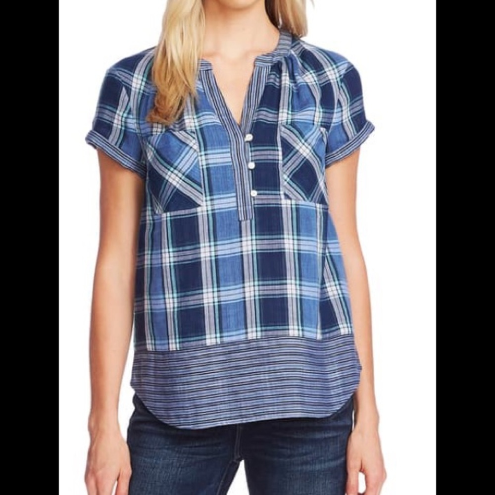 VINCE CAMUTO Cotton Mixed-print Henley Top In Caviar XS NWT NEW